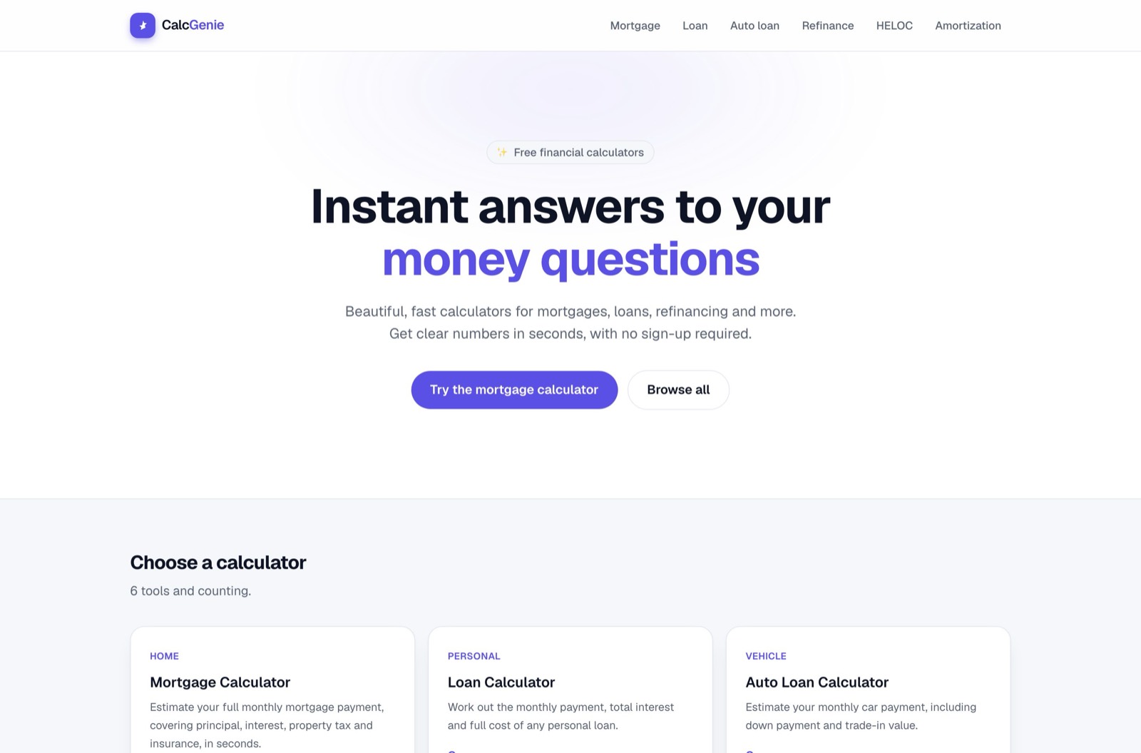 CalcGenie: Finance calculator hub built for high-volume search.