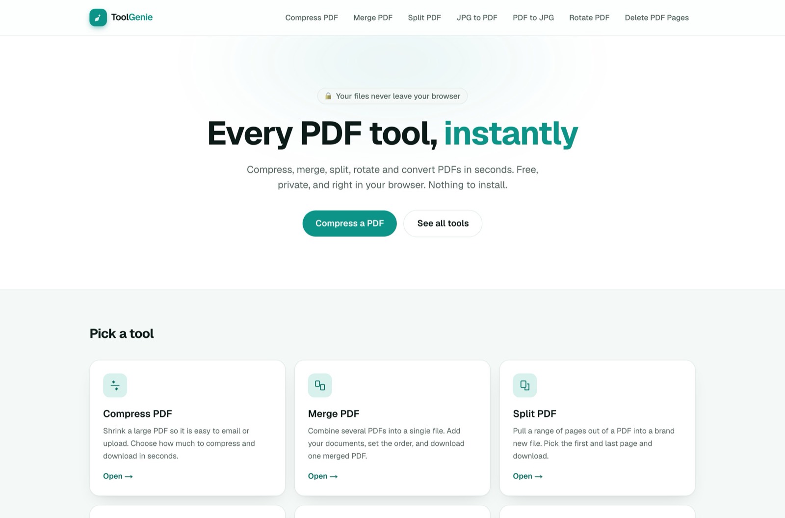 ToolGenie: Browser-based PDF tools. Freemium, sister brand to CalcGenie.