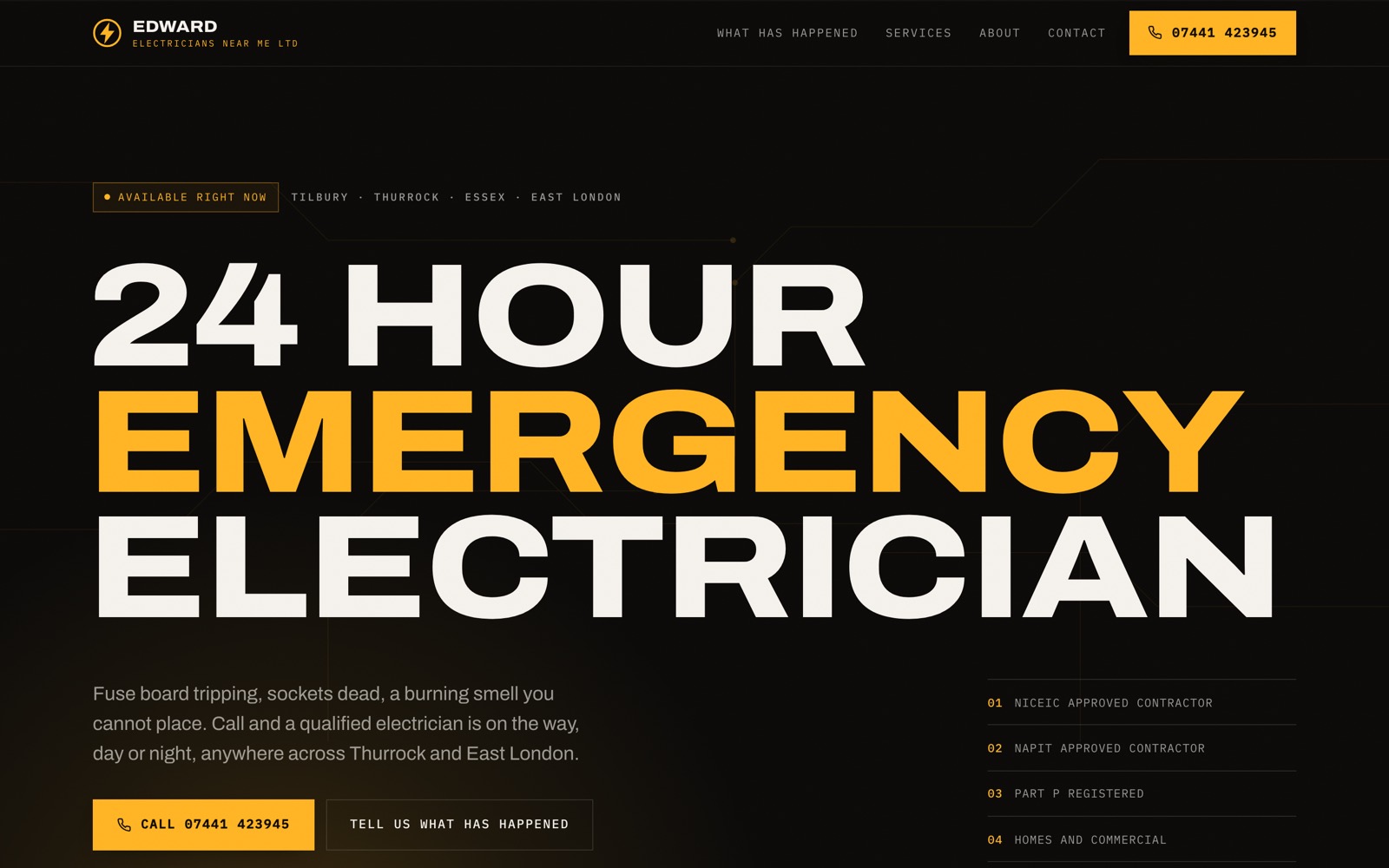 After: the concept, a dark page with 24 hour emergency electrician in huge type and a yellow call button.