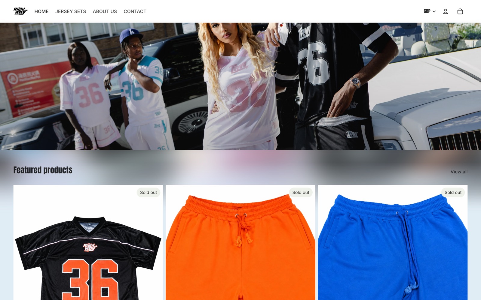Before: The Right Way's current Shopify homepage, a cropped group photo above a grid of products marked sold out.